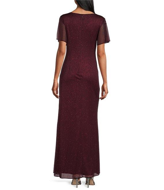 Ignite Evenings Short Sleeve Round Neck Front Slit Glitter Jersey Dress Product Image