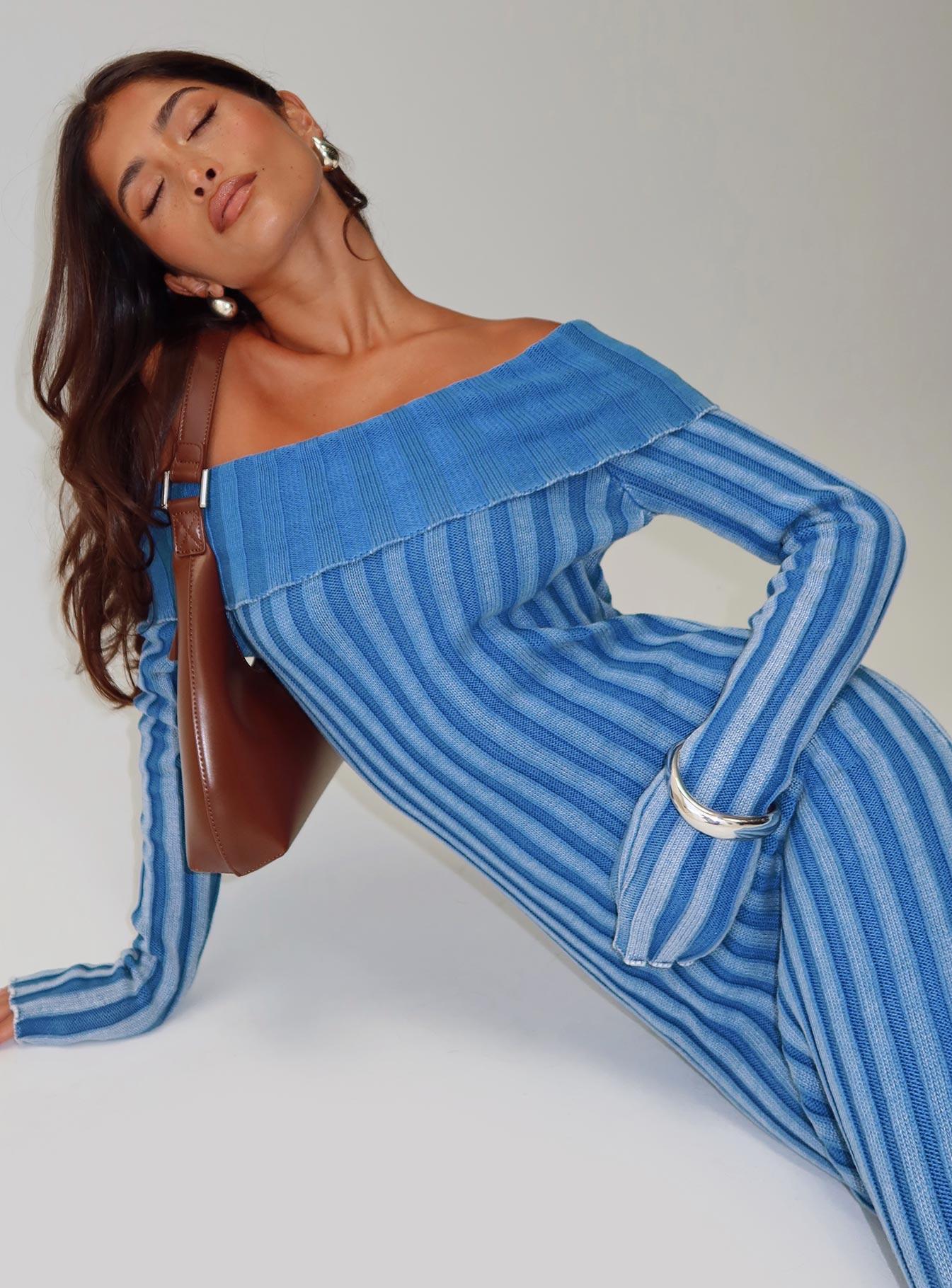 Mariska Long Sleeve Rib Maxi Dress Blue Product Image