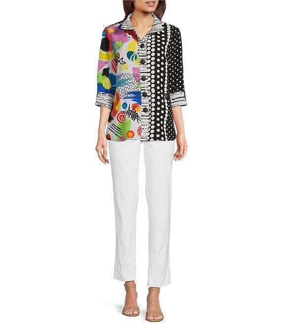 Ali Miles Petite Size Woven Abstract Print Wire Collar 3/4 Sleeve Button Front Tunic Product Image