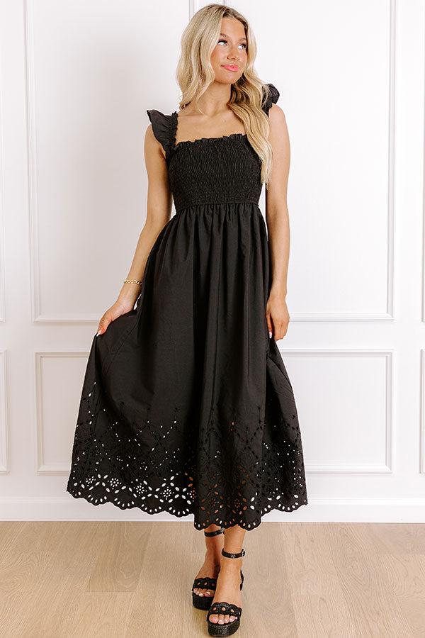 Call It Serendipity Smocked Eyelet Midi Dress in Black Product Image