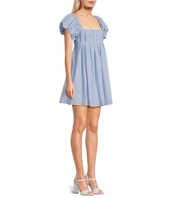 City Vibe Square Neck Puffed Sleeve Pleated Empire Waist Criss Cross Back Babydoll Dress Product Image