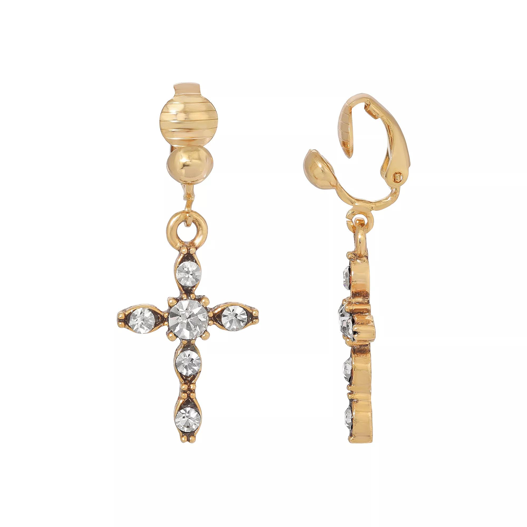 Symbols of Faith Crystal Cross Clip Earrings, Womens, Silver Tone Product Image