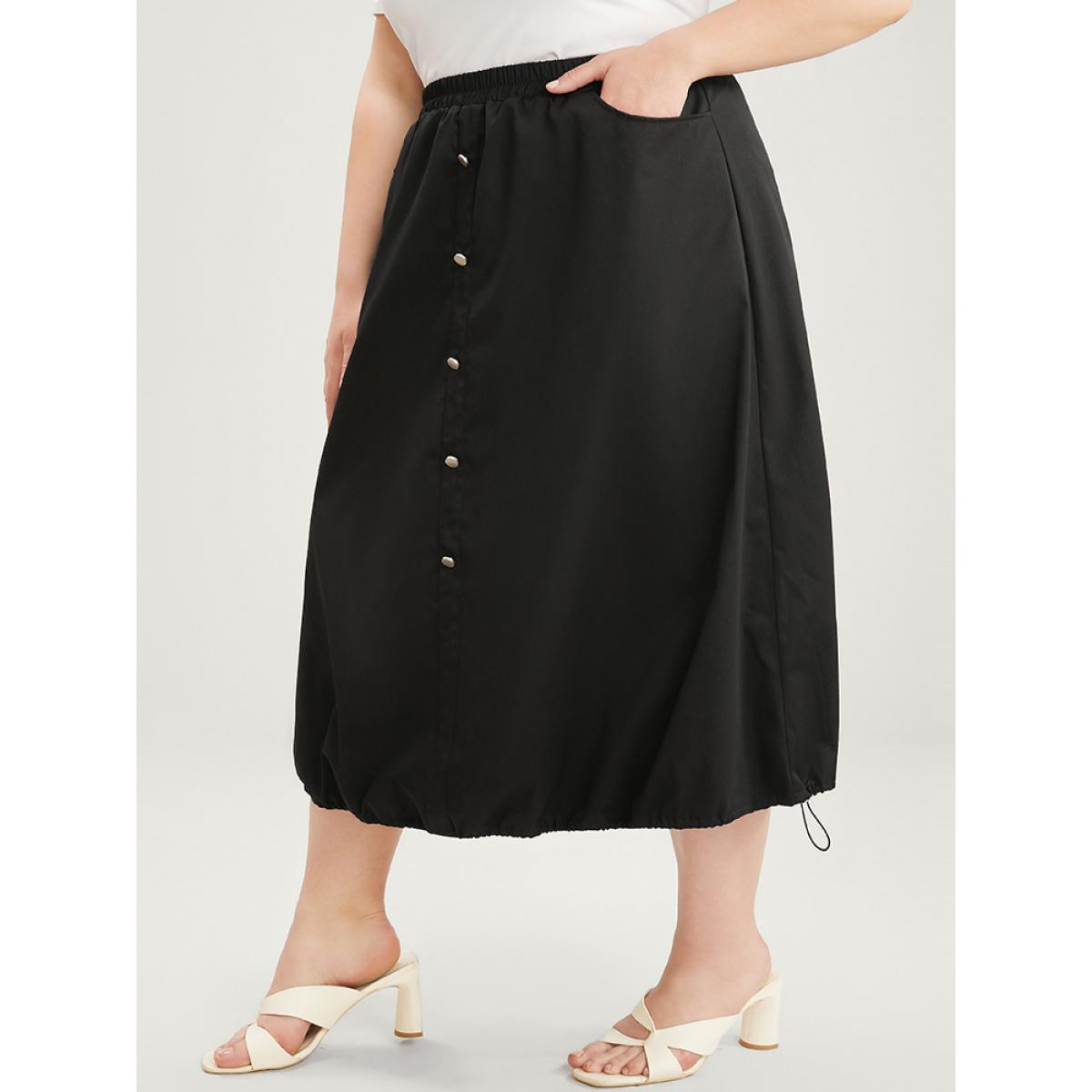 Plus Size Solid Pocket Button Detail Drawstring Hem Skirt Women Black Elegant Drawstring No stretch Pocket Dailywear Skirts BloomChic 14-16/1X Product Image