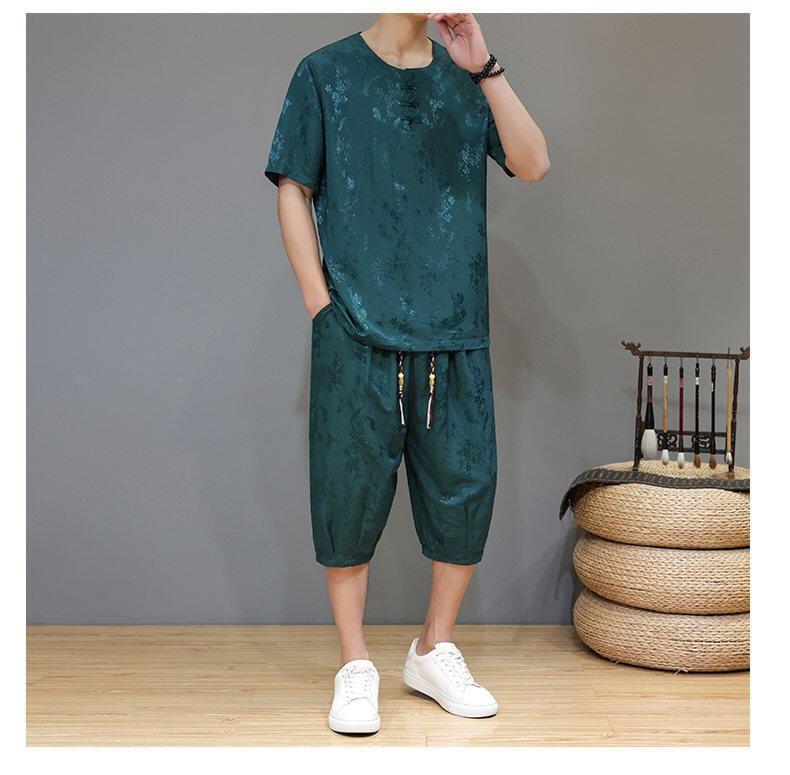 Set: Short Sleeve Round Neck Frog Closure Jacquard Top + Drawstring Waist Capri Tapered Pants Product Image