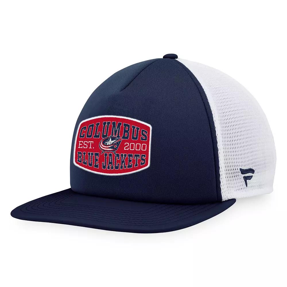 Men's Fanatics Branded Navy/White Columbus Blue Jackets Foam Front Patch Trucker Snapback Hat Product Image