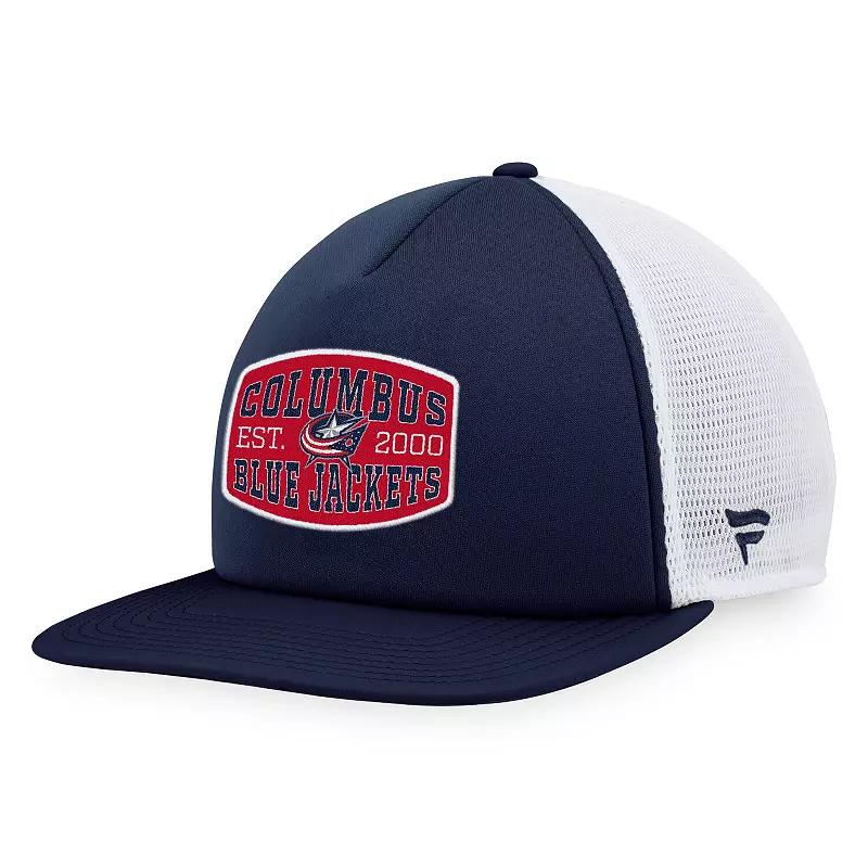 Men's Fanatics Branded Navy/White Columbus Blue Jackets Foam Front Patch Trucker Snapback Hat Product Image