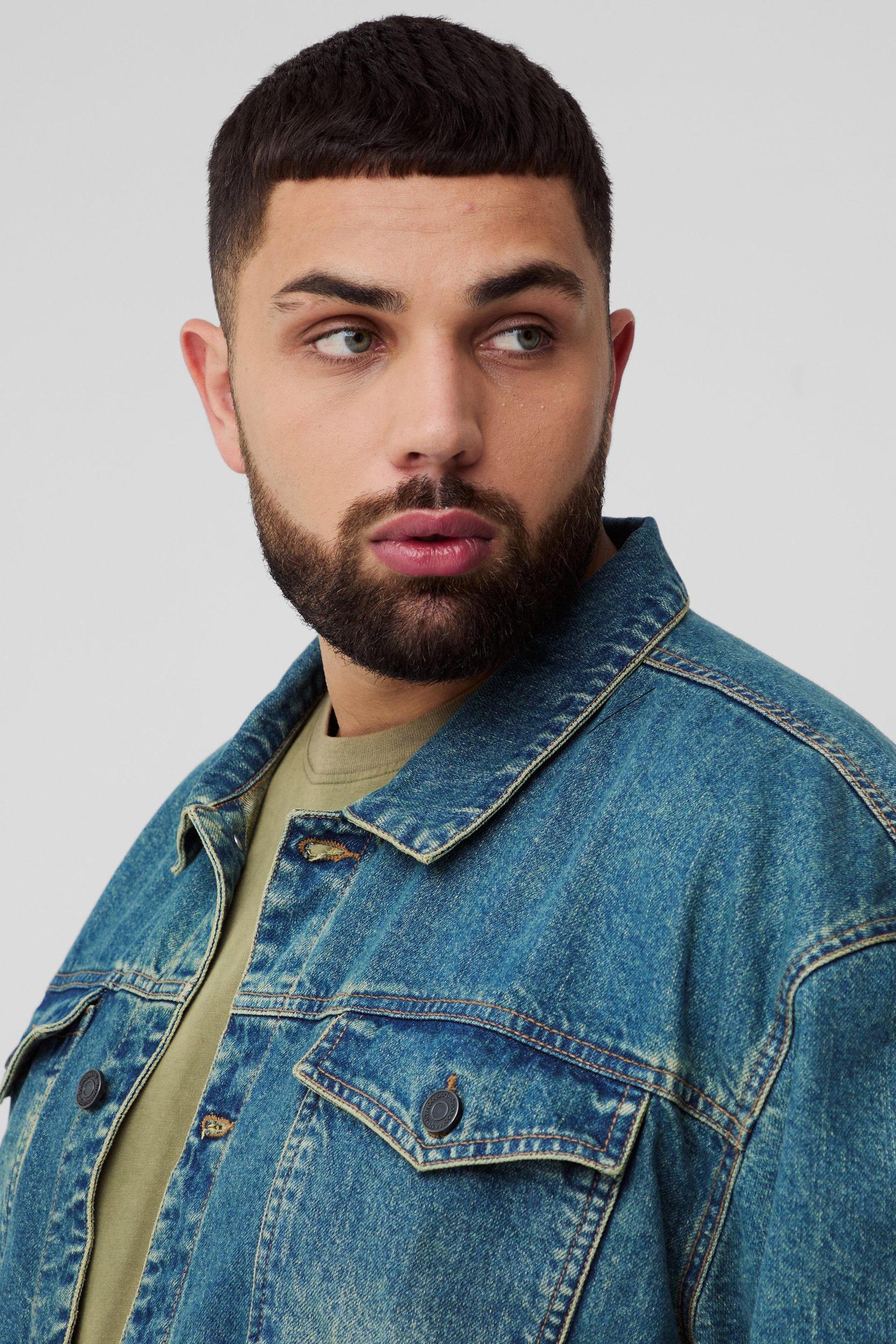 Plus Tinted Ripped Boxy Oversized Jean Jacket | boohooMAN USA Product Image