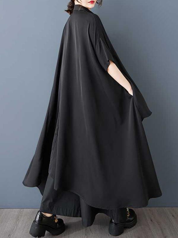 A-Line Half Sleeves Asymmetric Buttoned Pockets Solid Color Lapel Midi Dresses Shirt Dress Product Image