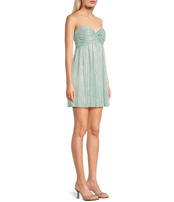 Honey and Rosie Pleated Foil Strapless Sweetheart Neck Twist Front Lace-Up Back Dress Product Image