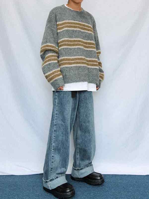 Men's Contrast Color Stripe Cozy Knit Sweatshirt Product Image