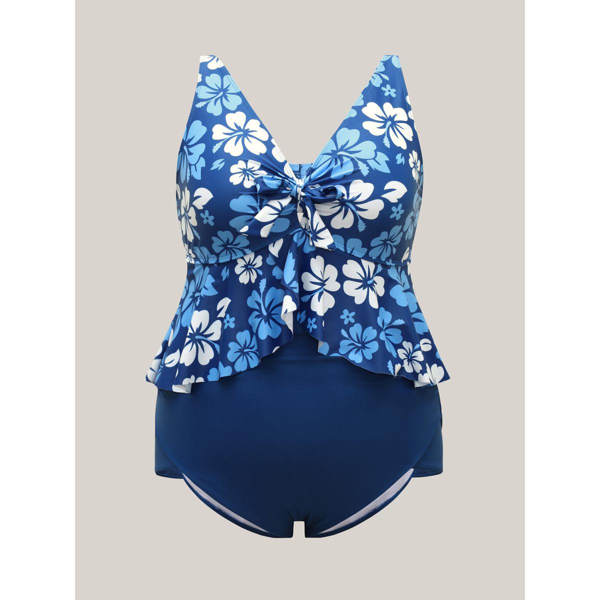 Plus Size Floral Print Twist-Front One-Piece Swimsuit Women's Swimwear Aegean Beach Tie knot Curve Bathing Suits High stretch One Pieces BloomChic 14-16/1X Product Image