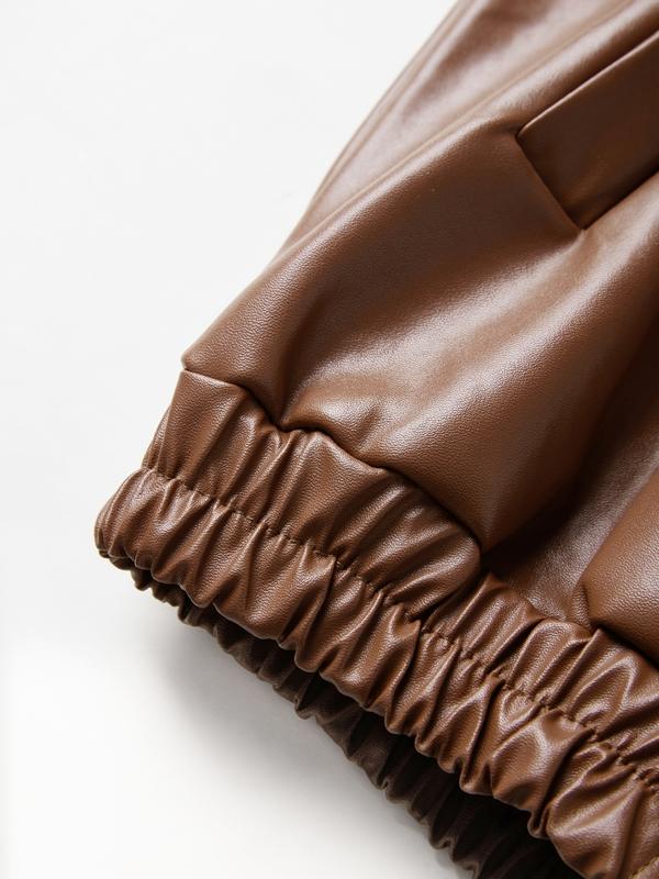 Vintage Brown Zip Up Elastic Hem Leather Jacket Product Image