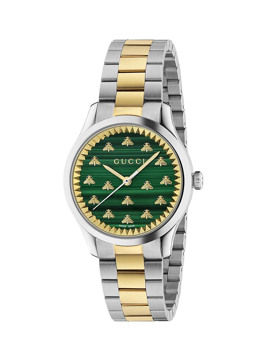 Womens G-Timeless 18K Yellow Gold, Stainless Steel & Malachite Bee Watch Product Image