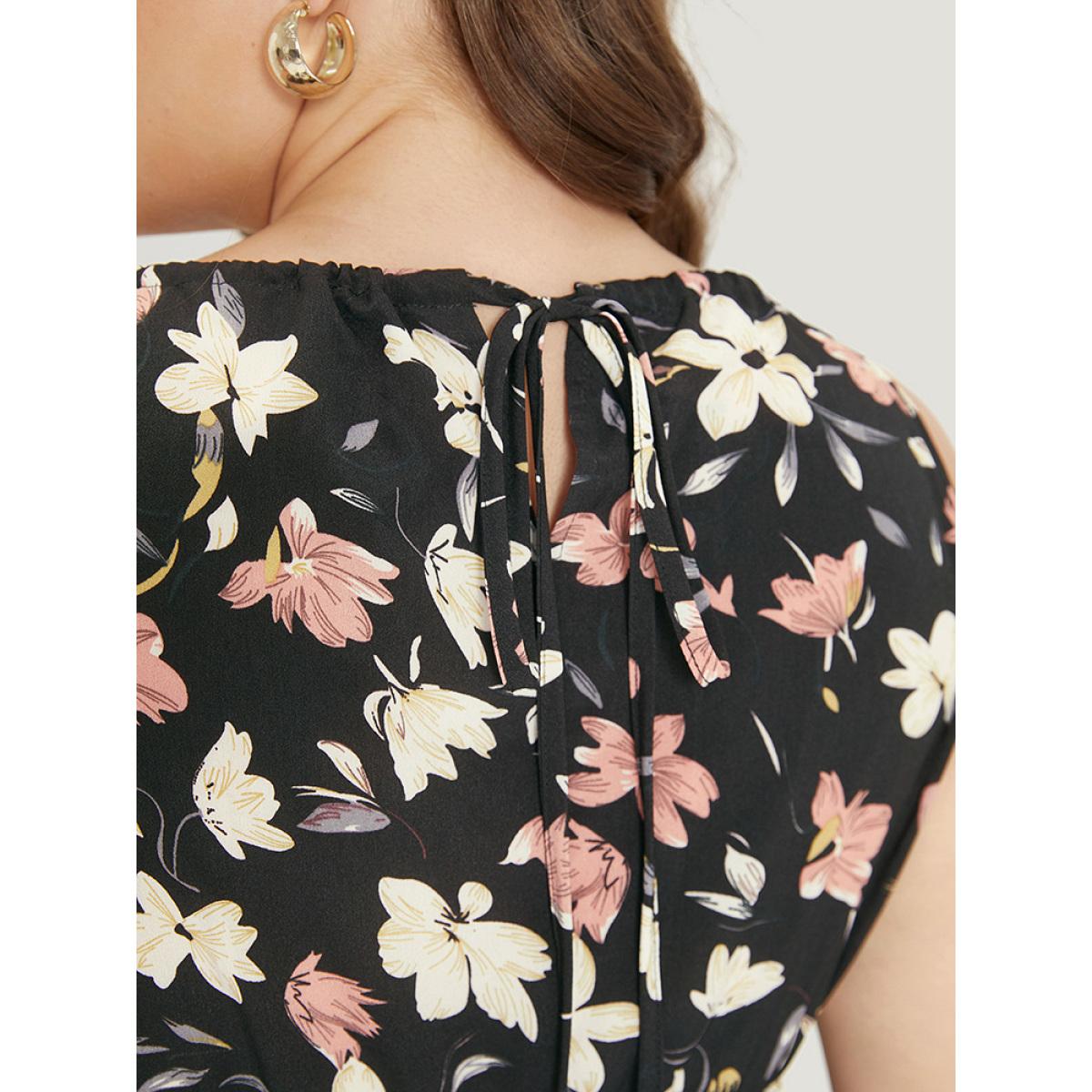 Plus Size Floral Print Halter Shirred Pocket Ruffle Hem Dress BlackFlower Women Elegant Knotted Cold Shoulder Sleeveless Curvy Knee Dress BloomChic 10/M Product Image