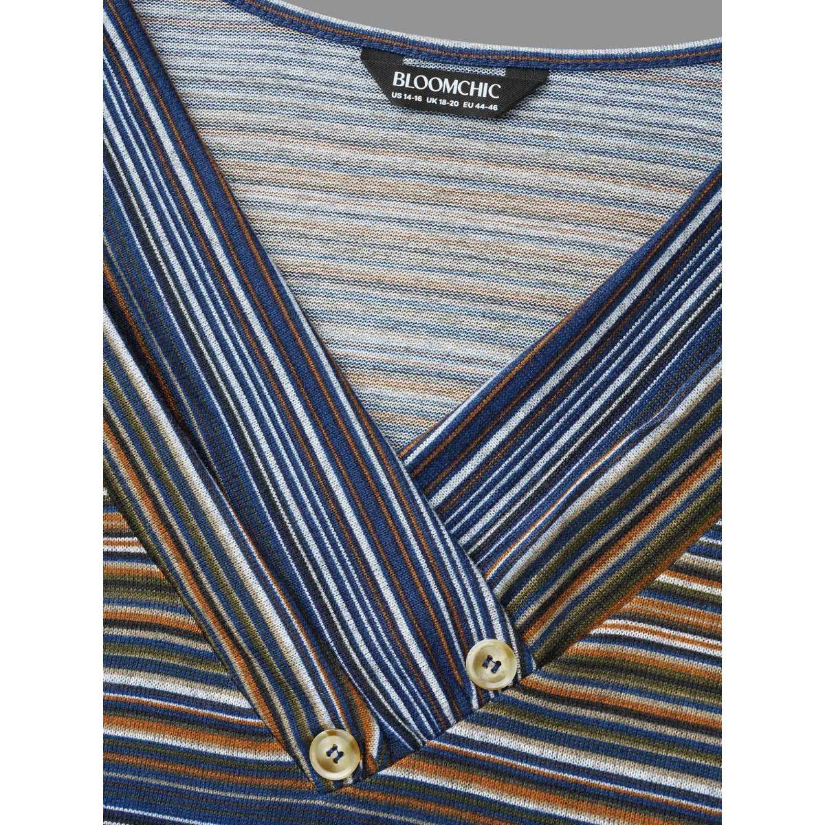 Plus Size V Neck Multi-Color Stripes Slim-Fit T-Shirt Indigo Women Casual Button Asymmetrical Neck Everyday T-shirts BloomChic 14-16/1X Product Image