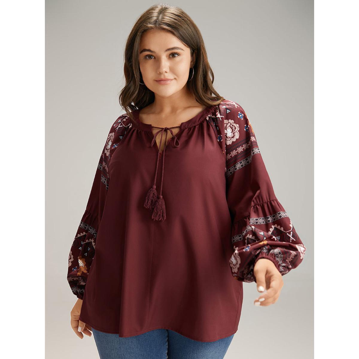 Plus Size Scarlet Boho Print Tie Neck Tassel Trim Blouse Women Vacation Long Sleeve Tie Neck Dailywear Blouses BloomChic 26/4X Product Image