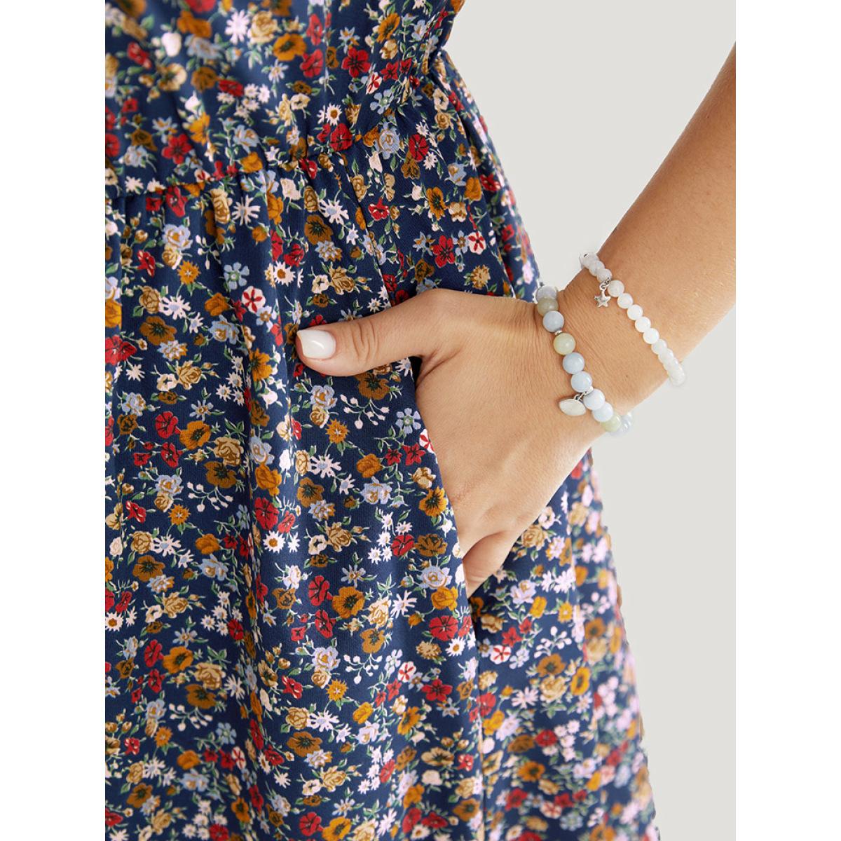 Plus Size Ditsy Floral Ruffle Sleeve Pocket Frill Trim Mock Neck Dress DarkBlue Women Elegant Pocket Mock Neck Half Sleeve Curvy Midi Dress BloomChic 12/L Product Image