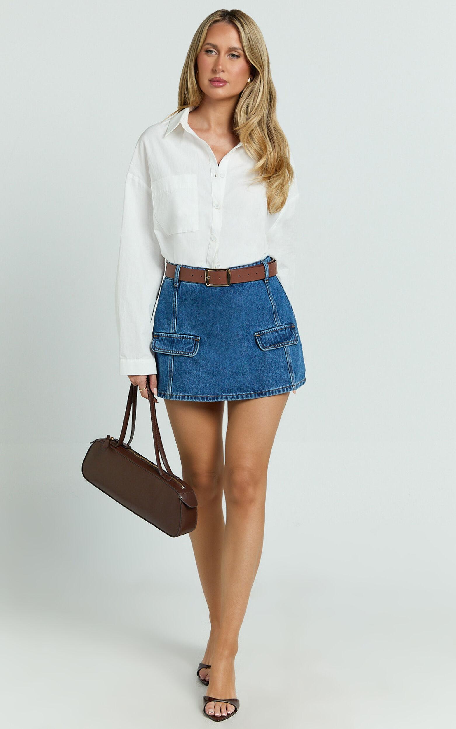 India Skort - Recycled Denim Mid Rise Skort in Dark Blue Wash Product Image