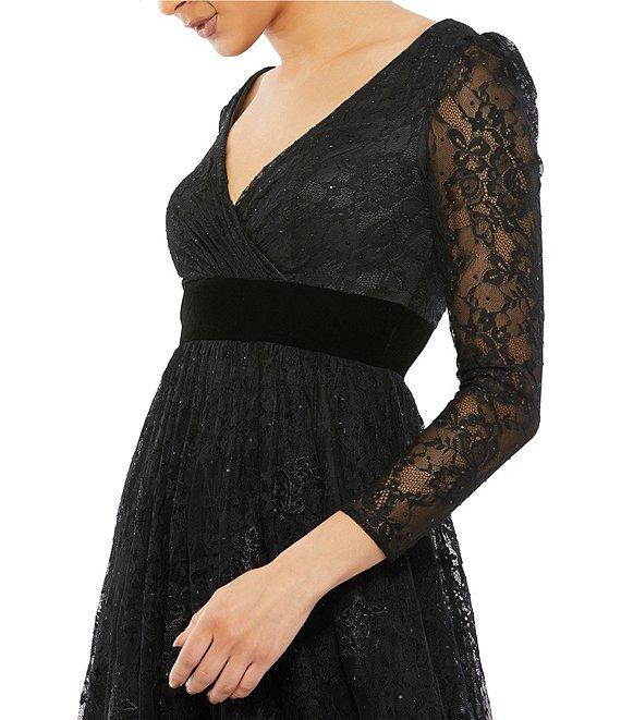 Mac Duggal V-Neck Long Sleeve Lace A-line Gown Product Image