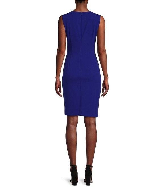 Calvin Klein Sideburst Boat Neck Sleeveless Ruched Pencil Dress Product Image