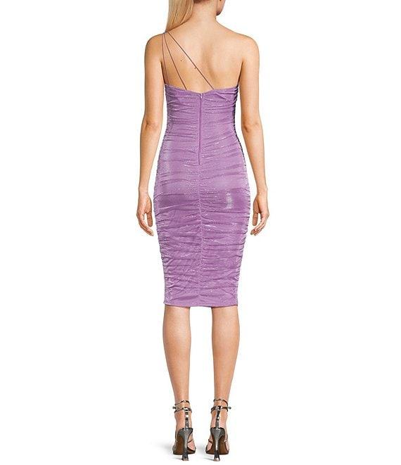 B. Darlin One-Shoulder Triple Bungee Strap Allover Shirring Midi Bodycon Dress Product Image