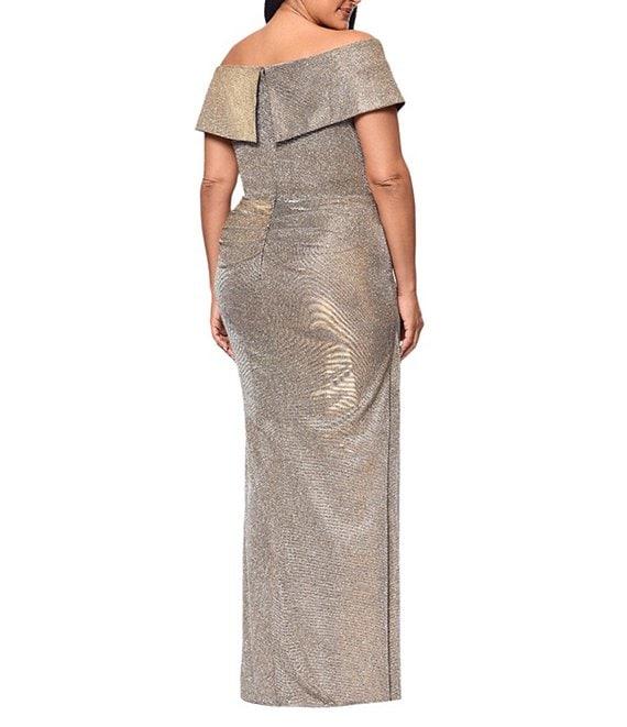 Xscape Plus Size Off-the-Shoulder Sweetheart Neck Short Sleeve Cascading Ruffle Sheath Dress Product Image