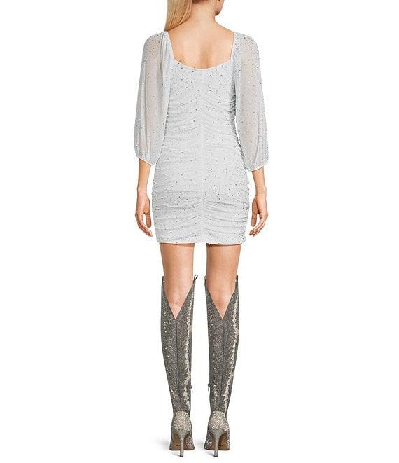 Xtraordinary Rhinestone 3/4 Mesh Sleeve Ruched Bodycon Dress Product Image