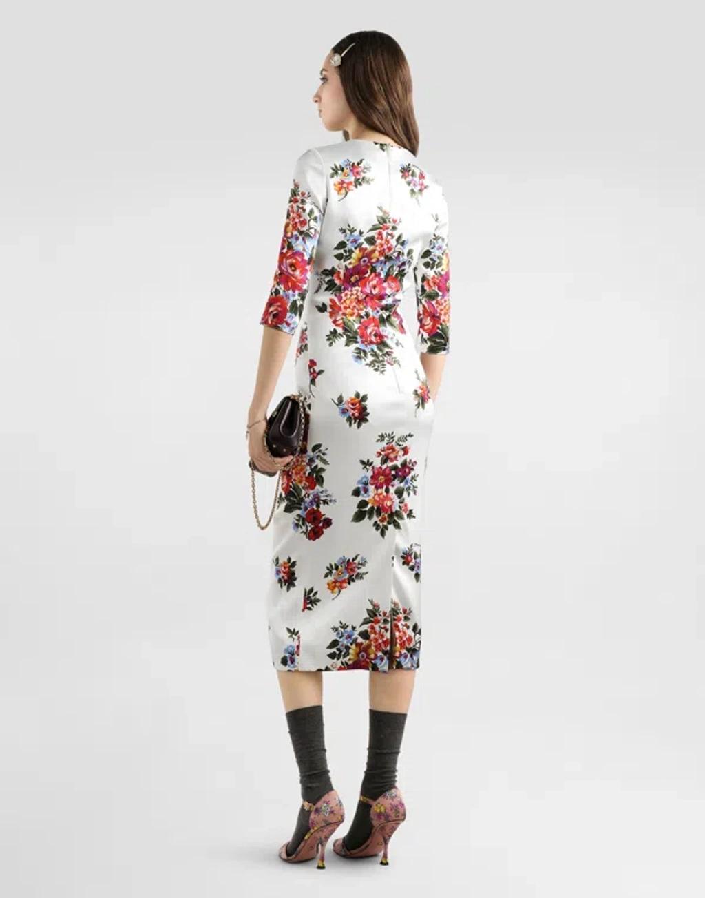 DOLCE & GABBANA Abito Midi Bianco Con Stampa Floreale Dolce E Gabbana In White Product Image