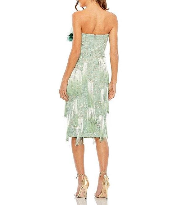 Mac Duggal Bow Front Ombre Fringe Embroidered Sheath Dress Product Image
