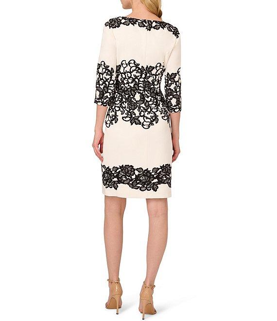 Adrianna Papell Printed Stretch Boat Neck 3/4 Sleeve Crepe Lace Sheath Dress Product Image