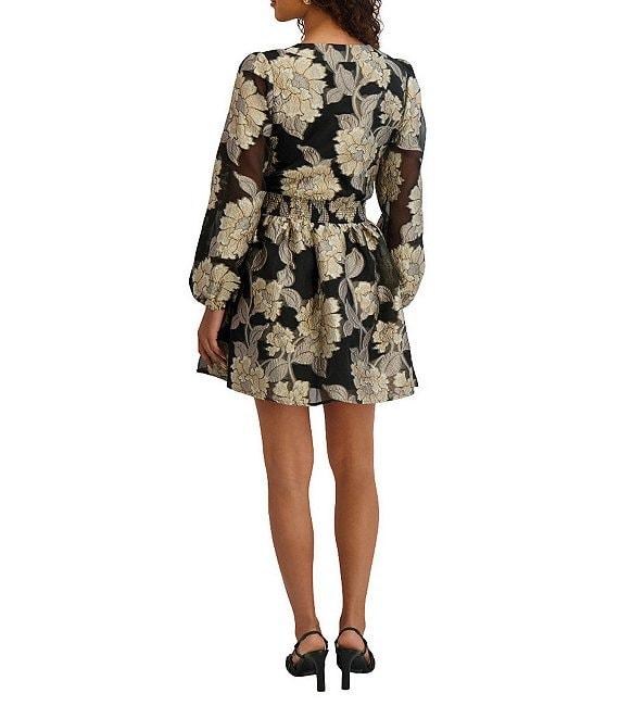 Kensie Long Sleeve V- Neck Floral Jacquard Organza Mini Dress Product Image