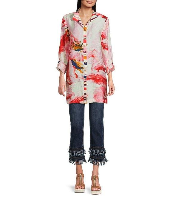 John Mark Floral Wire Collar Long Roll-Tab Sleeve Hi-Low Hem Button-Front Tunic Product Image