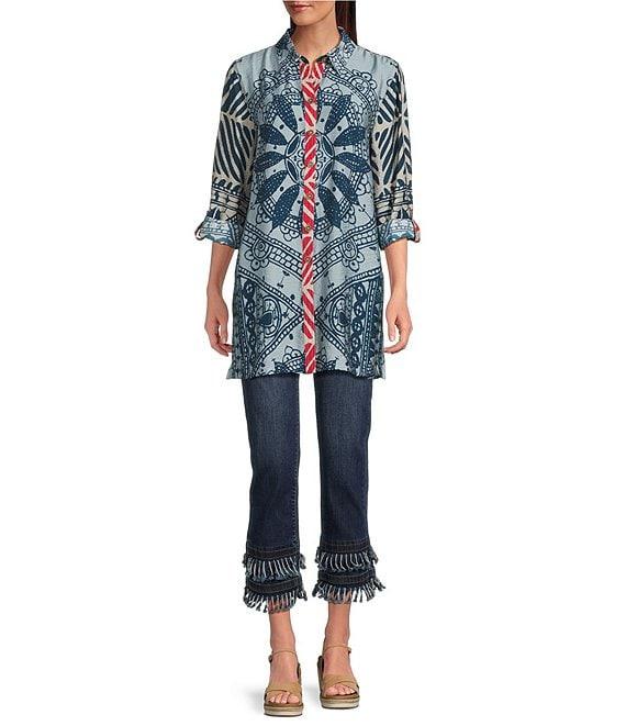 John Mark Medallion Abstract Print Point Collar Long Roll-Tab Sleeve Button Front Tunic Product Image