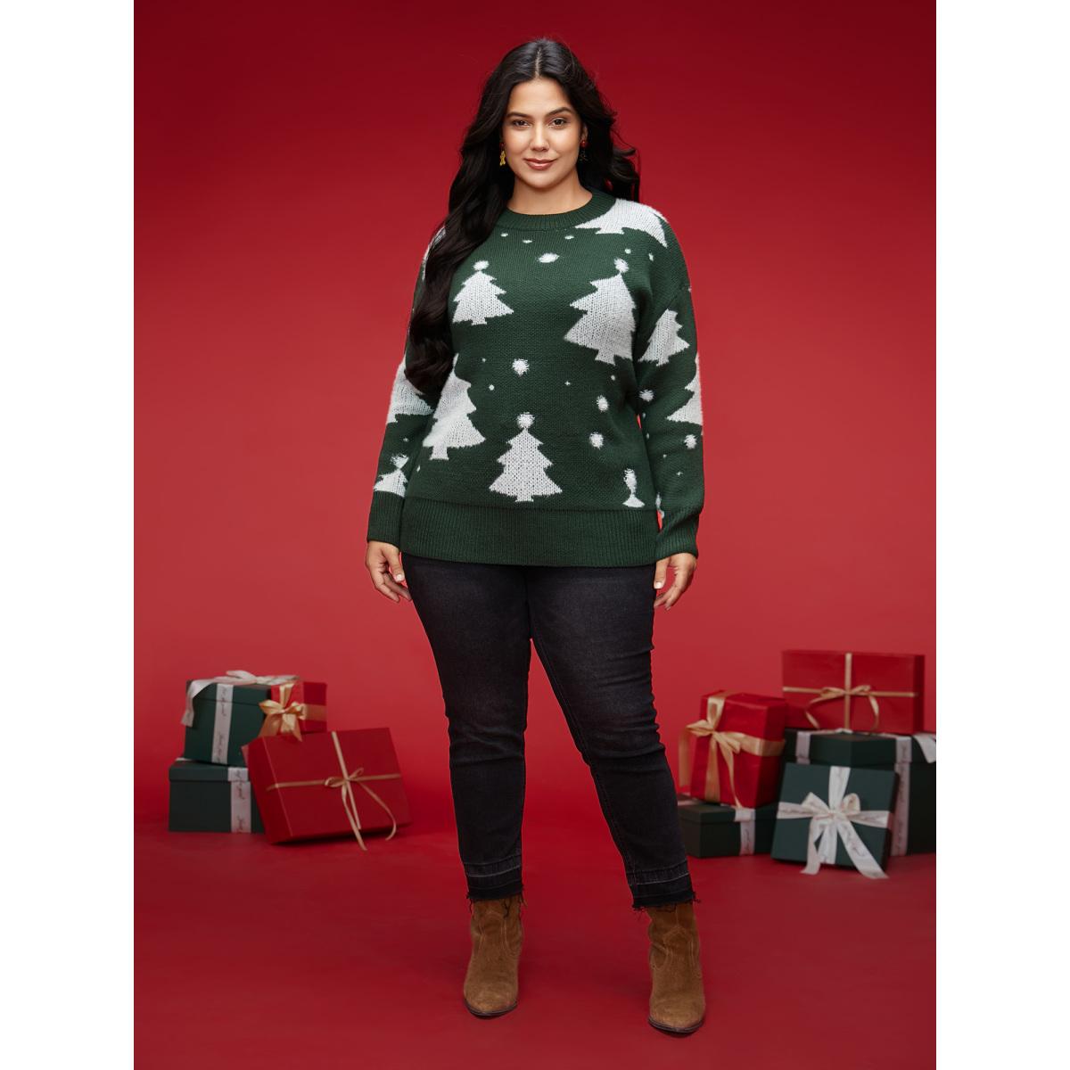 Plus Size Festive Trees Ribbed Detailing Pullover DarkGreen Women Casual Loose Long Sleeve Round Neck Everyday Pullovers BloomChic 18-20/2X Product Image