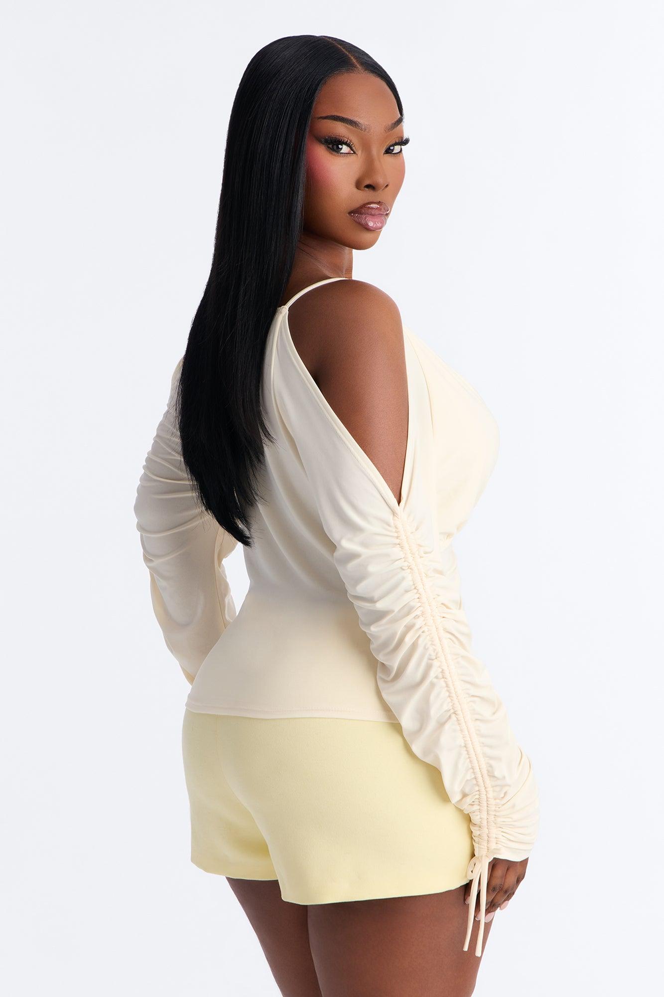 Genevieve Ruched Cold Shoulder Long Sleeve Top - Cream Female Product Image