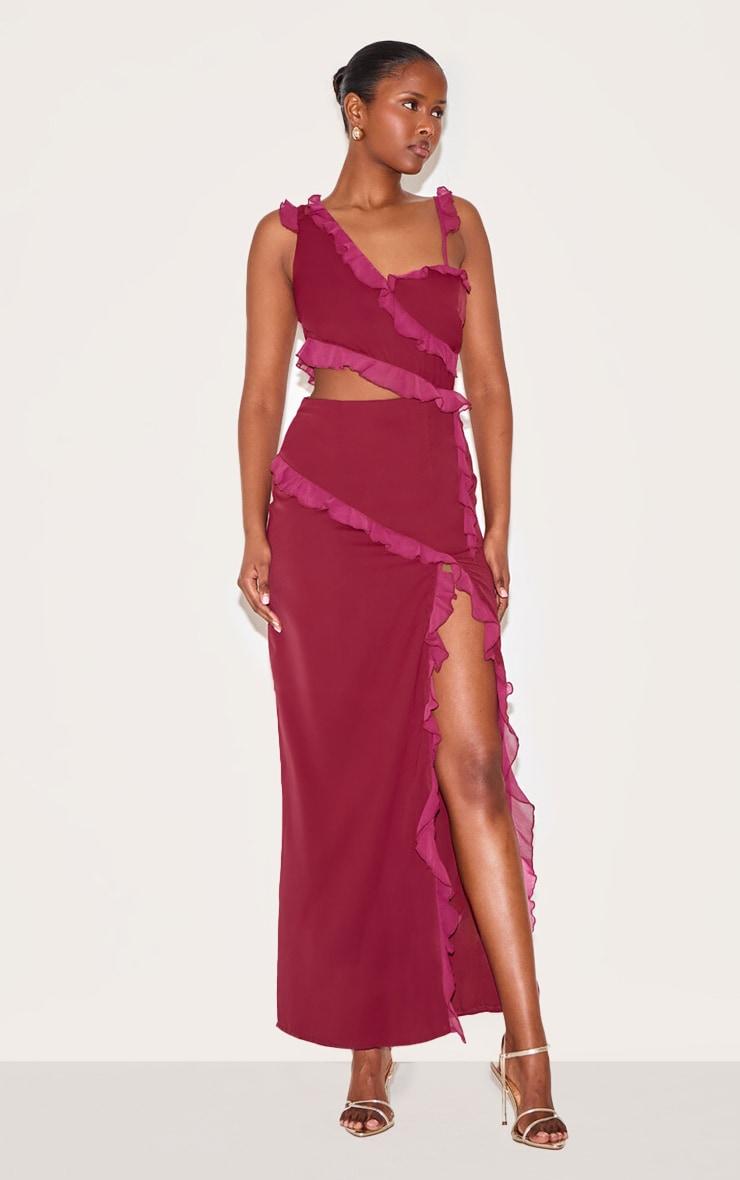 Wine Chiffon Frill Cut Out Maxi Dress Product Image