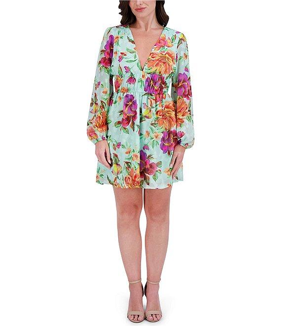 SIENA Burnout Floral Print V-Neck Long Sleeve A-Line Mini Dress Product Image