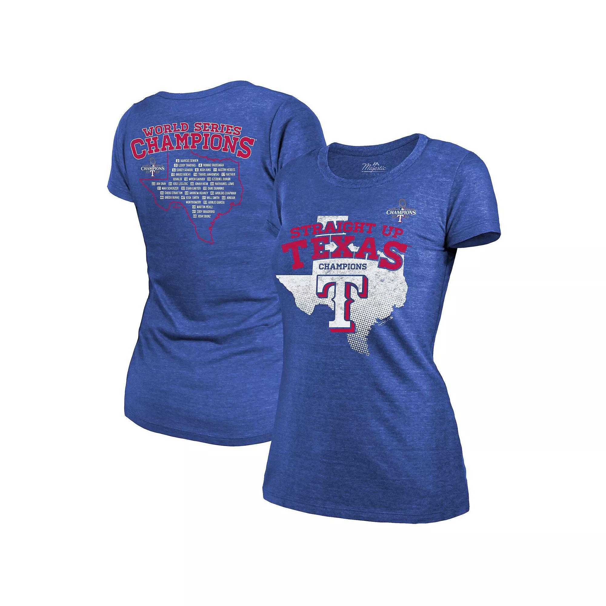 Women's Majestic Threads Royal Texas Rangers 2023 World Series Champions Local Ground Rules Roster Tri-Blend T-Shirt, Size: 3XL, Blue Product Image