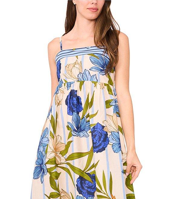 CeCe Woven Floral Print Square Neck Sleeveless Midi Dress Product Image