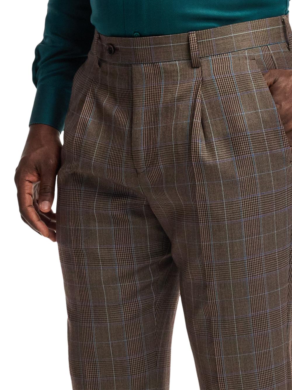 Wool Blend Plaid Single Pleat Suit Pants - Brown/blue Product Image
