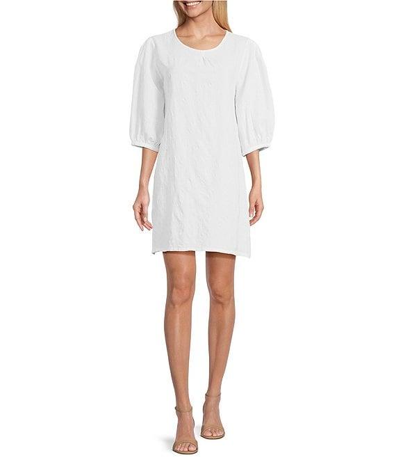 Bryn Walker Lucien Floral Cotton Jacquard Round Neck 3/4 Sleeve Balloon Dress Product Image