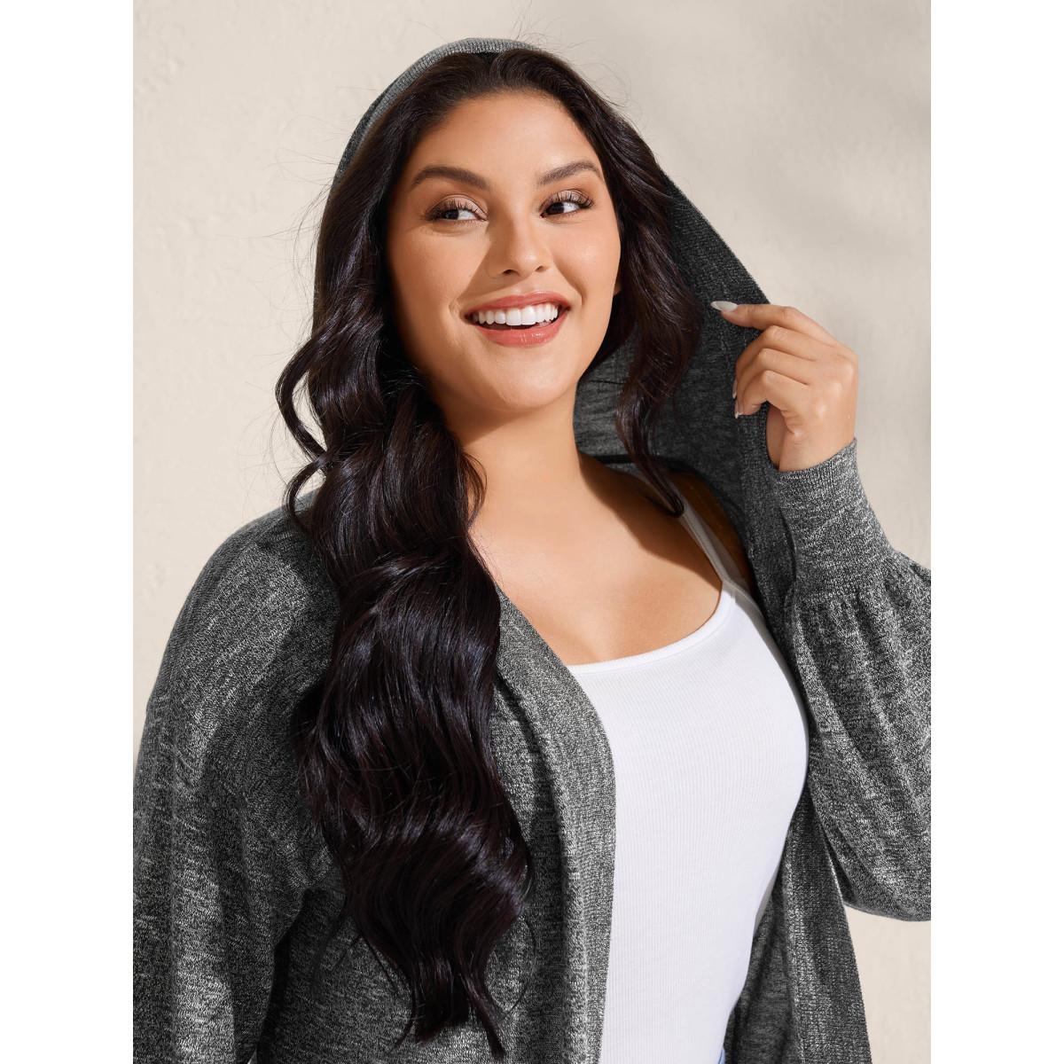 Plus Size Hooded Heather Curvy Hem Lightweight Knit Cardigan DimGray Women Leisure Loose Long Sleeve Casual Cardigans BloomChic 18-20/2X Product Image