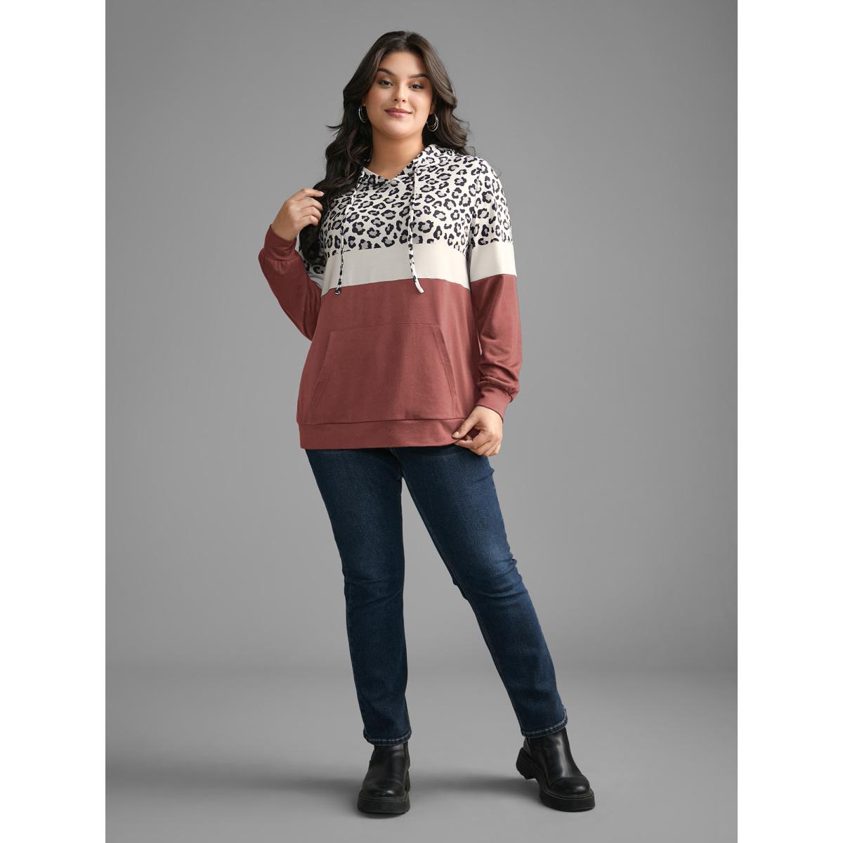 Plus Size Leopard Print Patchwork Contrast Drawstring Sweatshirt Women DustyPink Casual Contrast Hooded Everyday Sweatshirts BloomChic 14-16/1X Product Image