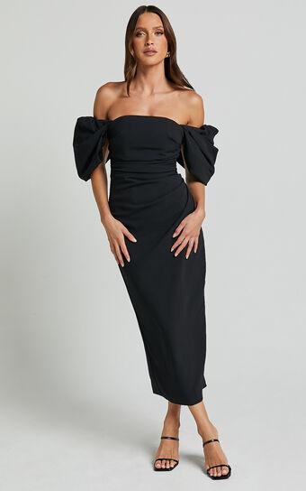 Lohan Midi Dress - Off Shoulder Puff Sleeve in Black Product Image