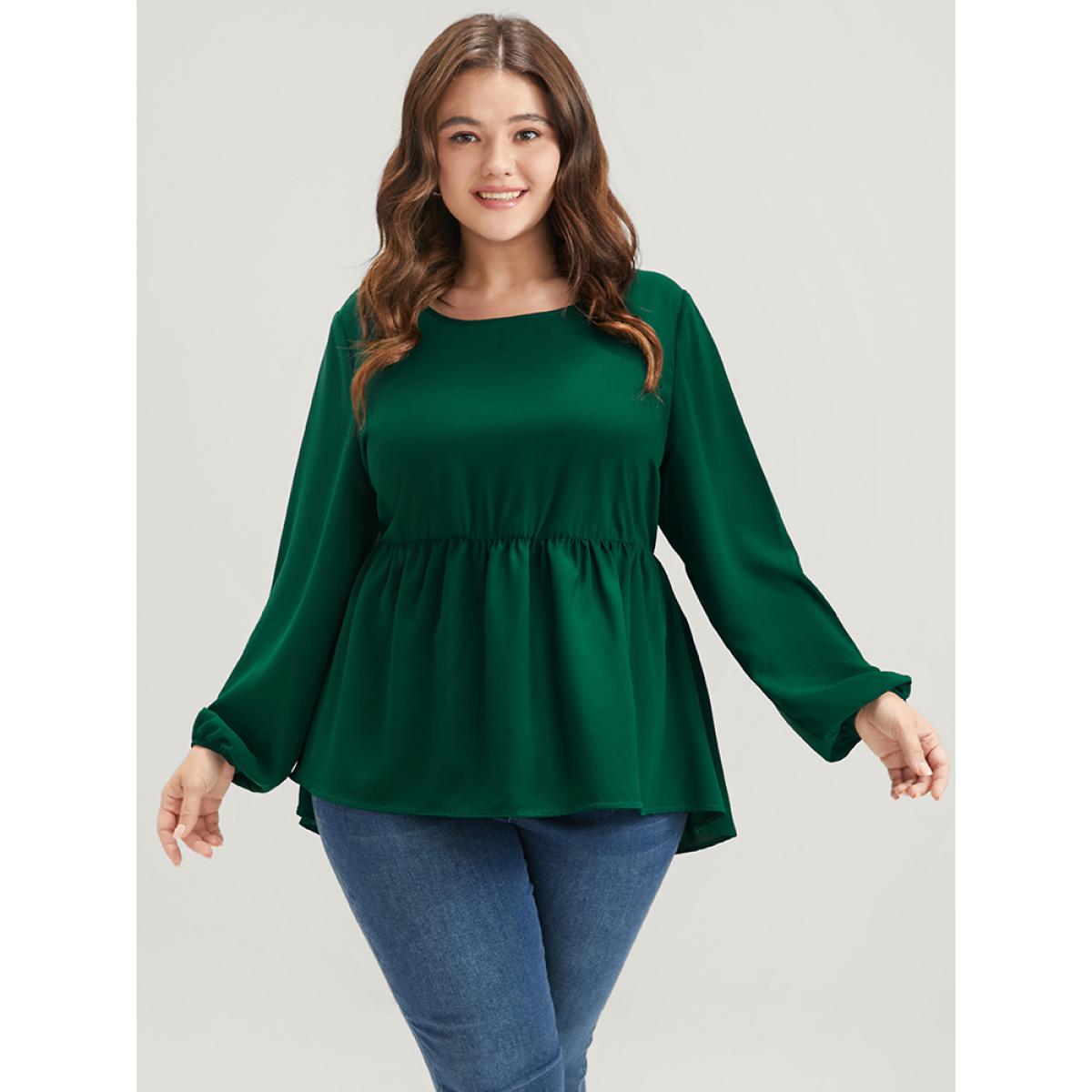 Plus Size DarkGreen Solid Lantern Sleeve High Low Hem Flutter Blouse Women Elegant Long Sleeve Round Neck Dailywear Blouses BloomChic 18-20/2X Product Image