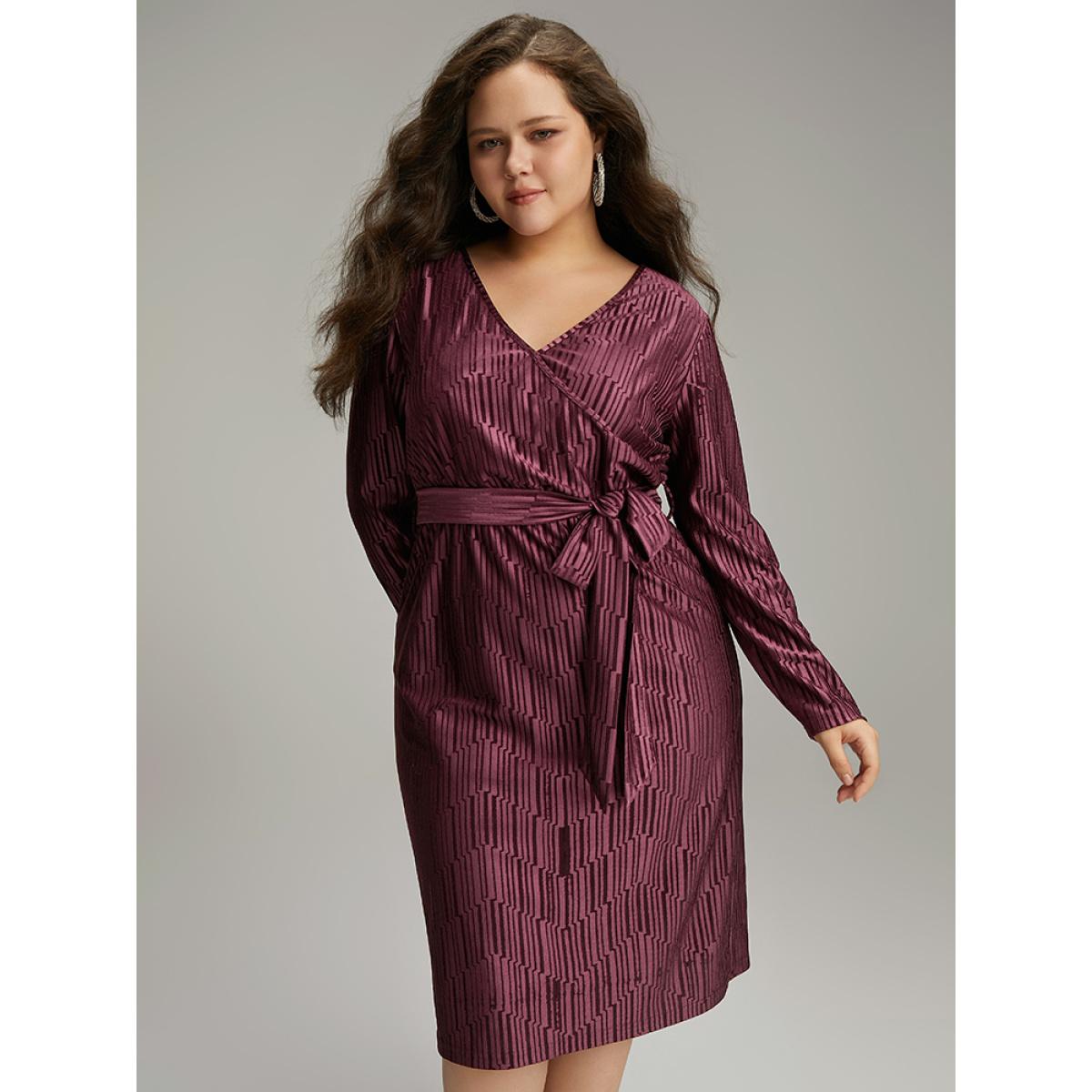 Plus Size Geometric Velvet Belted Split Hem Dress RedViolet Women Cocktail Wrap Overlap Collar Long Sleeve Curvy Knee Dress BloomChic 18-20/2X Product Image