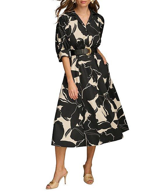 Donna Karan Printed 3/4 Sleeve Notch Collar Belted Side Pocket A-Line Midi Dress Product Image
