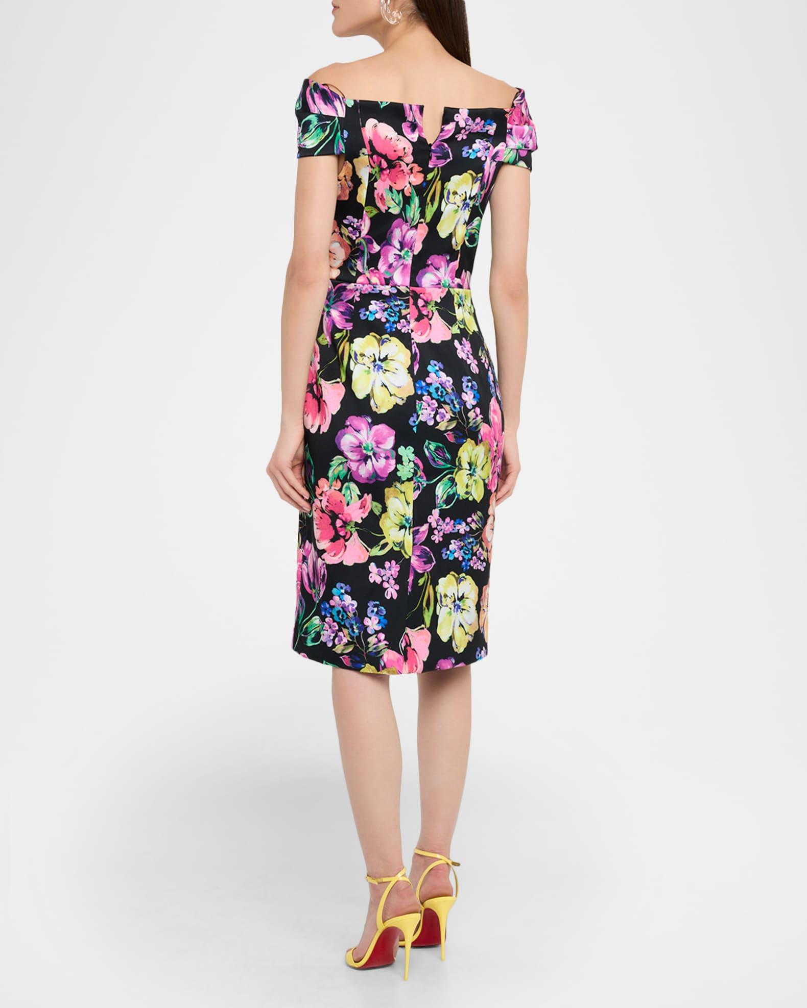 Pleated Floral-Print Stretch Gazar Dress Product Image