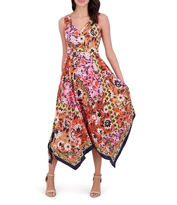 Vince Camuto Woven Floral Print V-Neck Sleeveless Asymmetrical Hi-Low Midi Dress Product Image