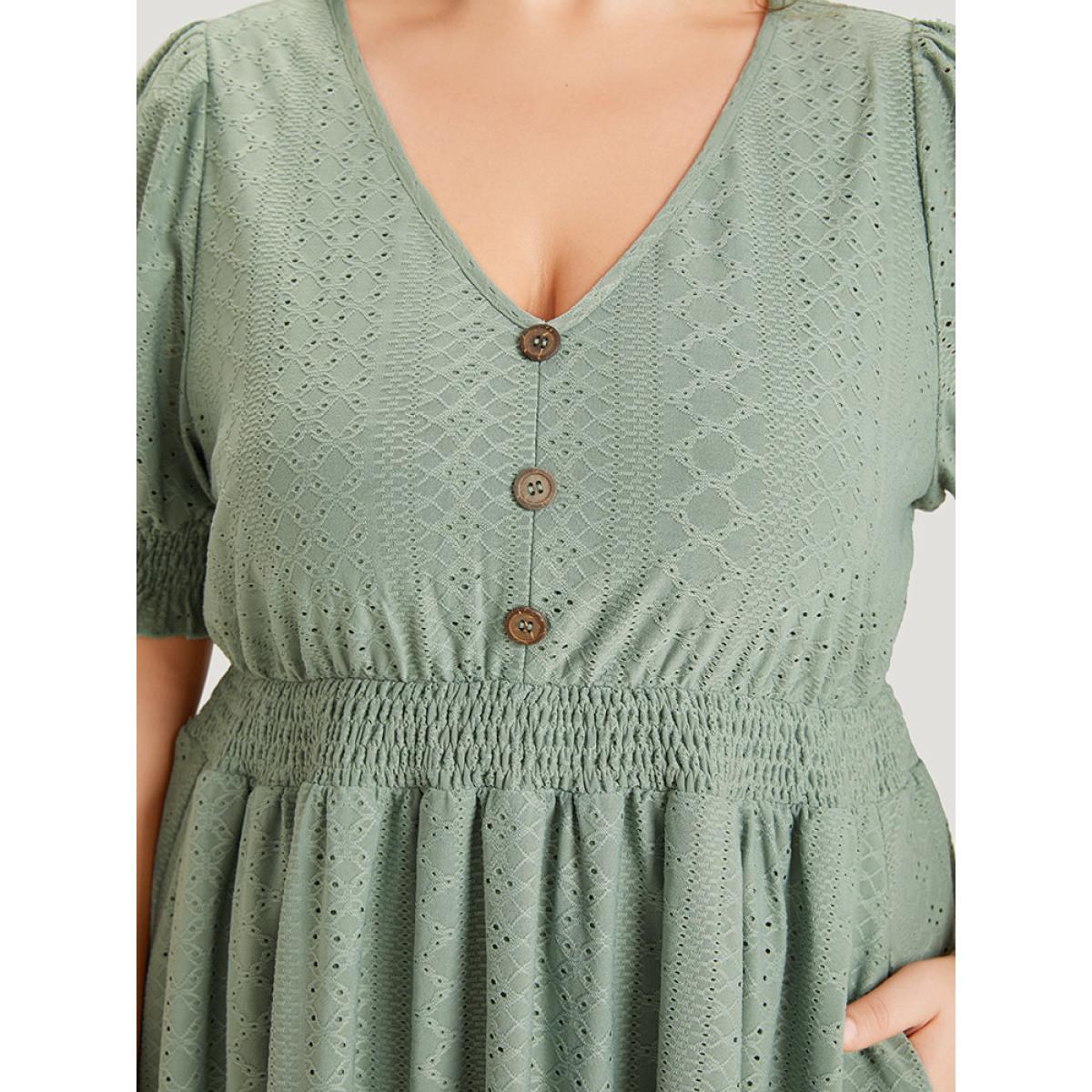 Plus Size Geometric Eyelet Pocket Button Detail Shirred Dress Sage Women Office Elastic cuffs V-neck Short sleeve Curvy Midi Dress BloomChic 14-16/1X Product Image